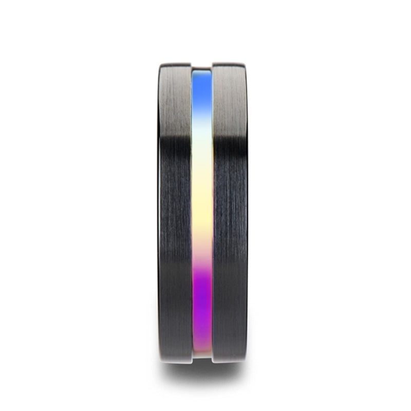 Black Ceramic Women's Wedding Band with Rainbow Groove