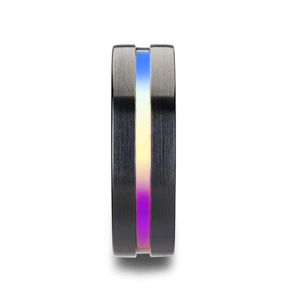 Black Ceramic Women's Wedding Band with Rainbow Groove