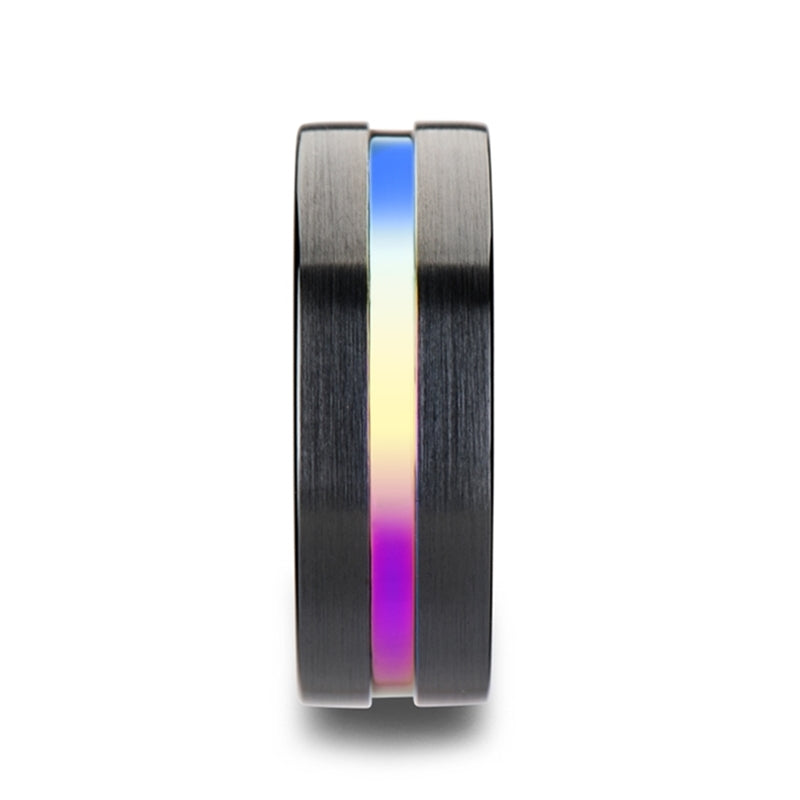 Black Ceramic Wedding Band with Rainbow Groove