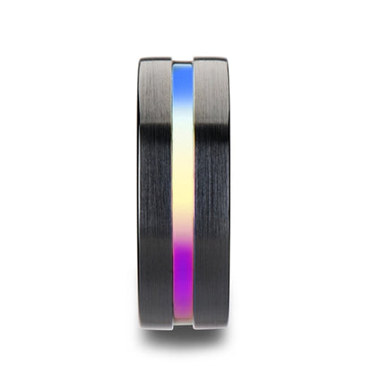 Black Ceramic Wedding Band with Rainbow Groove