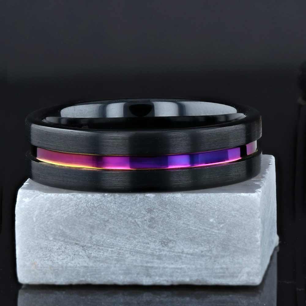 Black Ceramic Wedding Band with Rainbow Groove