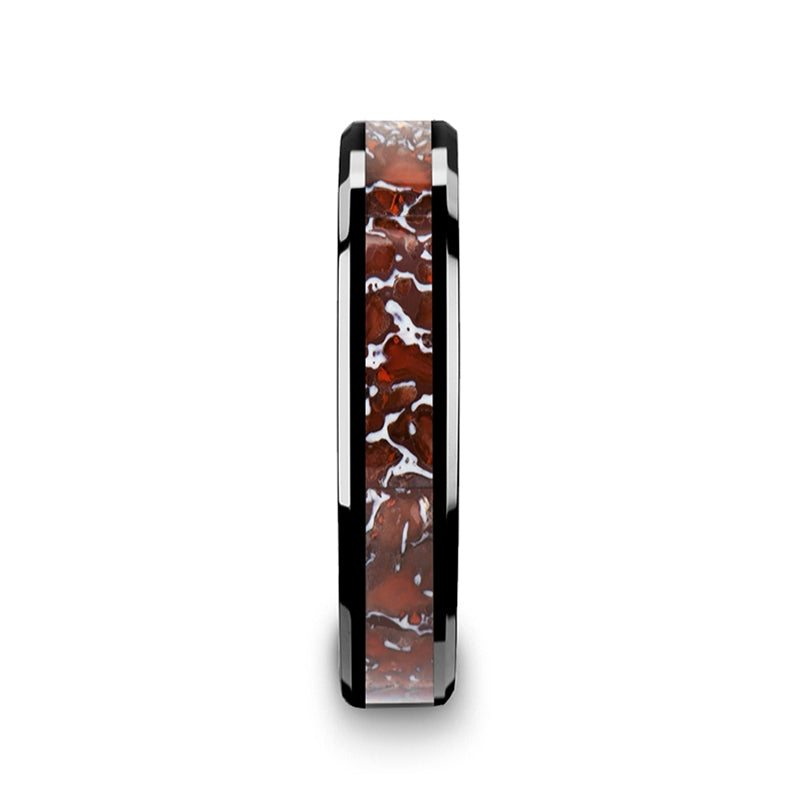 Black Ceramic Men's Wedding Band with Red Dinosaur Bone Inlay