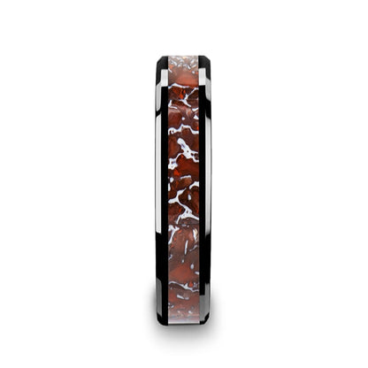 Black Ceramic Men's Wedding Band with Red Dinosaur Bone Inlay