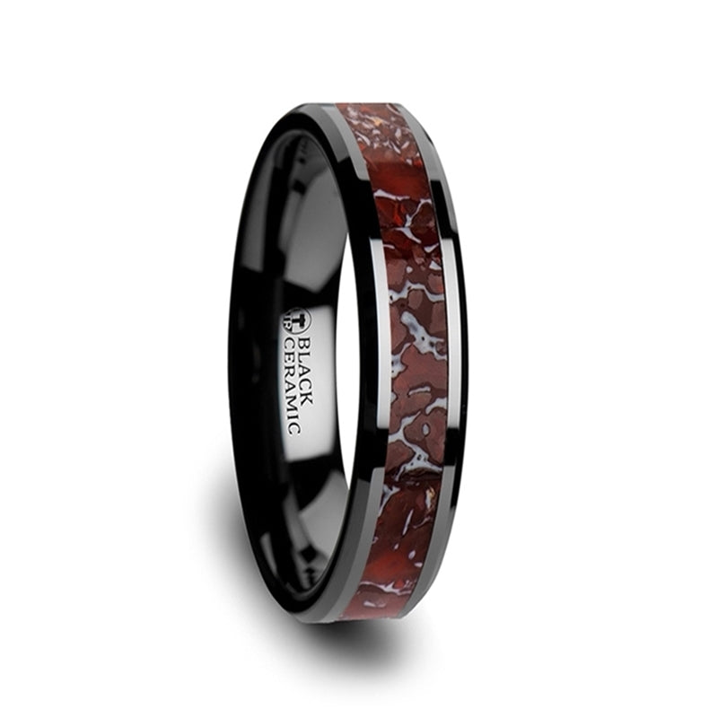 Black Ceramic Men's Wedding Band with Red Dinosaur Bone Inlay