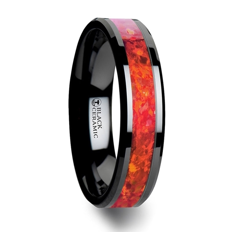 Black Ceramic Wedding Band with Red Opal Inlay