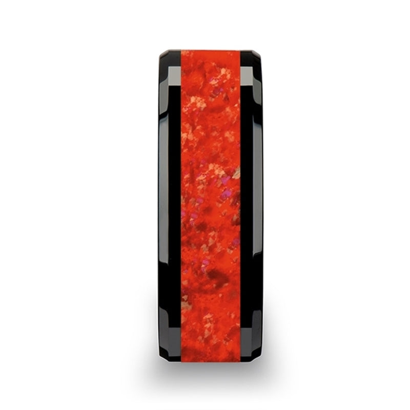 Black Ceramic Wedding Band with Red Opal Inlay