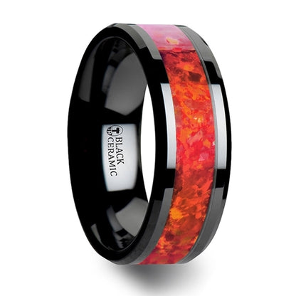 Black Ceramic Wedding Band with Red Opal Inlay