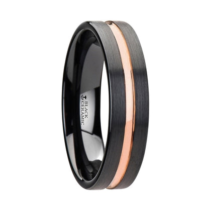 Black Ceramic Men's Wedding Band With Rose Gold Groove
