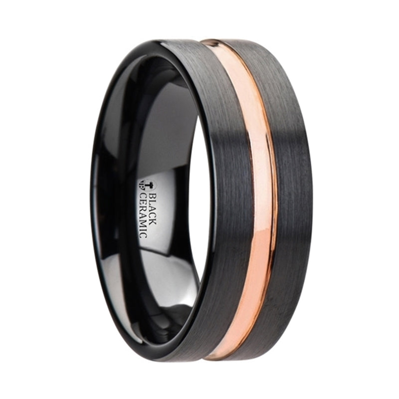Black Ceramic Men's Wedding Band With Rose Gold Groove
