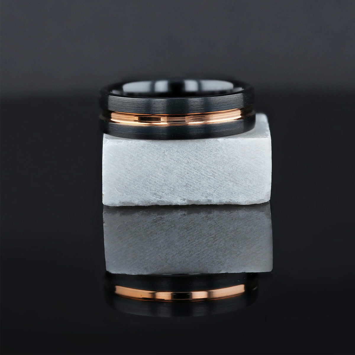 Black Ceramic Men's Wedding Band With Rose Gold Groove