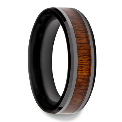 Black Ceramic Men's Wedding Band with Rosewood Inlay