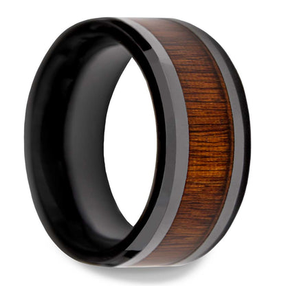 Black Ceramic Men's Wedding Band with Rosewood Inlay