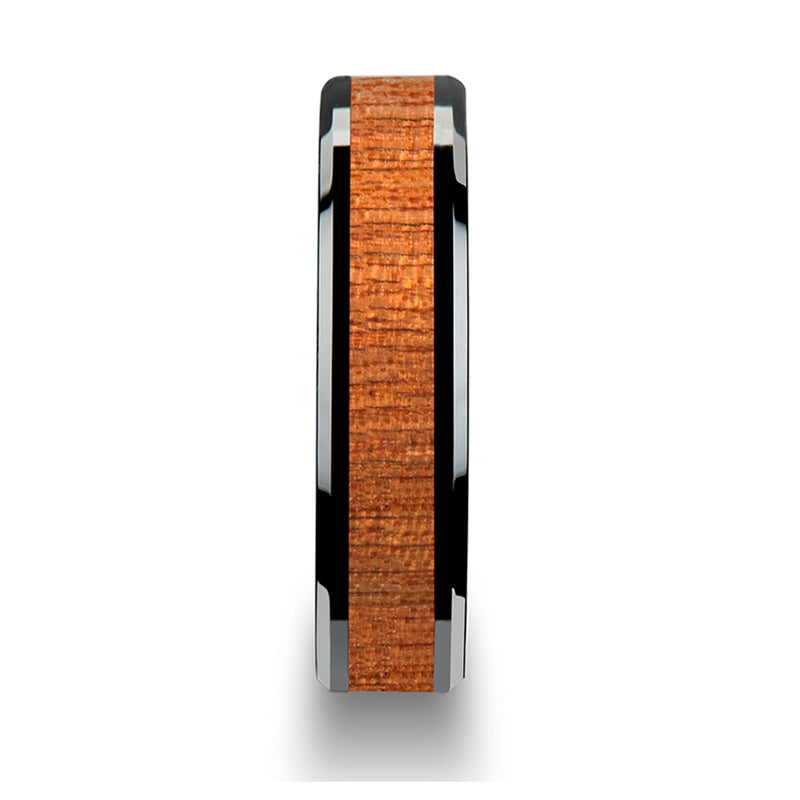 Black Ceramic Women's Wedding Band with Sapele Wood Inlay