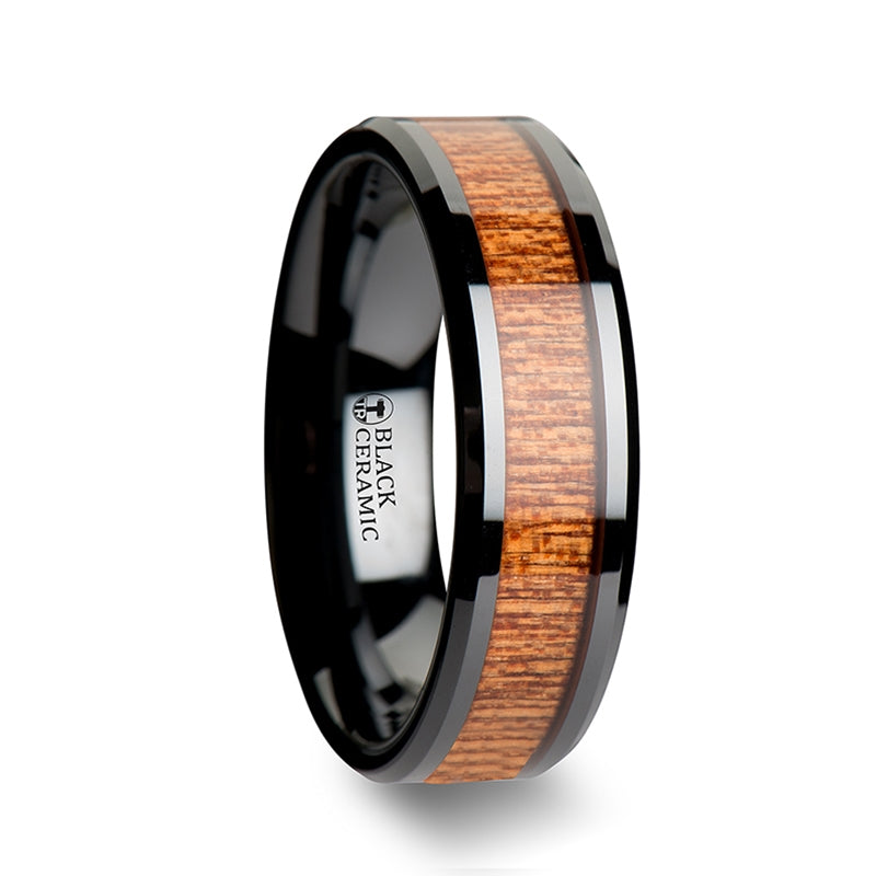 Black Ceramic Men's Wedding Band with Sapele Wood Inlay