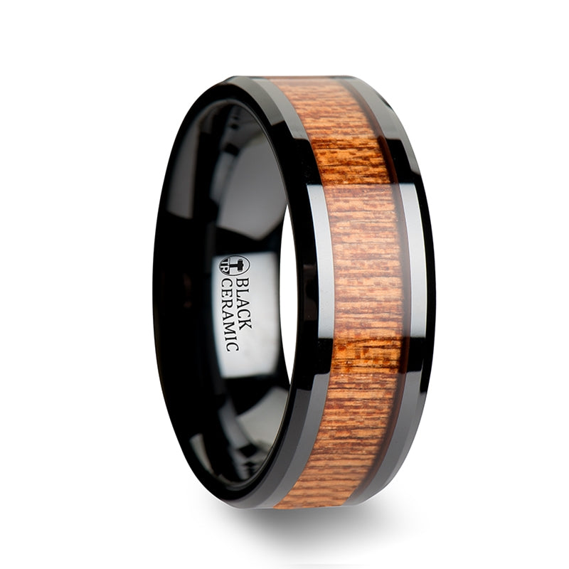 Black Ceramic Men's Wedding Band with Sapele Wood Inlay
