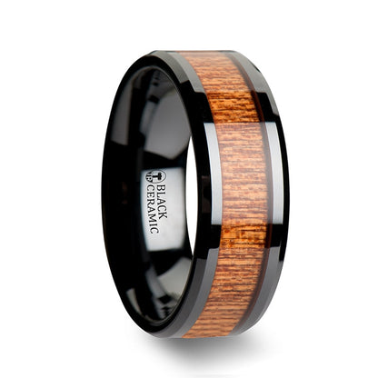 Black Ceramic Men's Wedding Band with Sapele Wood Inlay