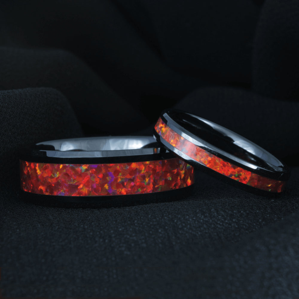 Black Ceramic Wedding Band with Red Opal Inlay
