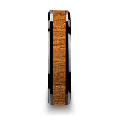 Black Ceramic Men's Wedding Band with Teak Wood Inlay