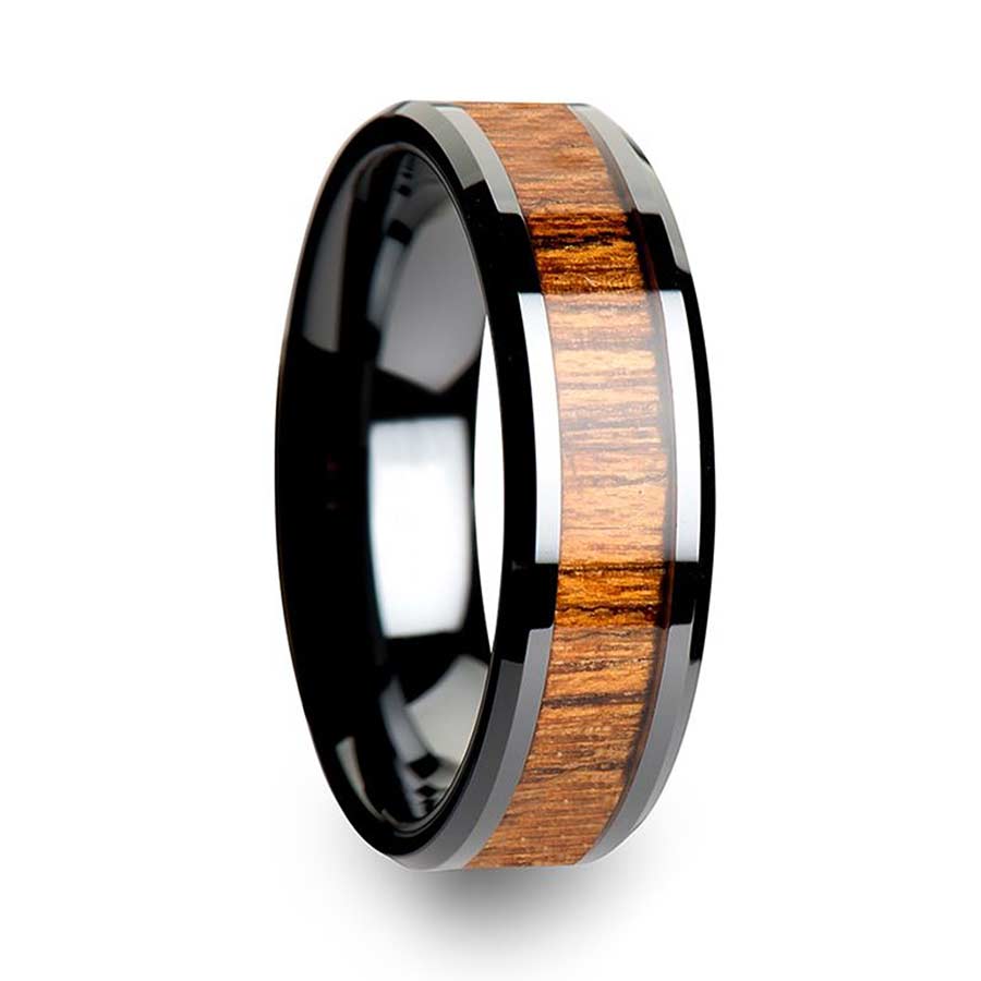 Black Ceramic Women's Wedding Band with Teak Wood Inlay