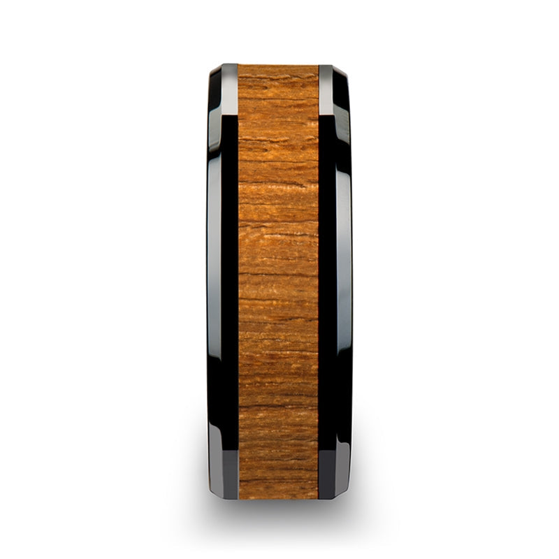 Black Ceramic Women's Wedding Band with Teak Wood Inlay