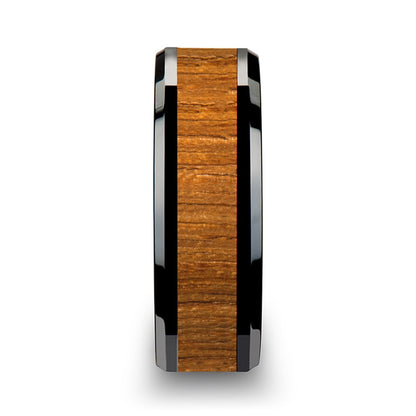 Black Ceramic Women's Wedding Band with Teak Wood Inlay