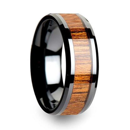 Black Ceramic Women's Wedding Band with Teak Wood Inlay