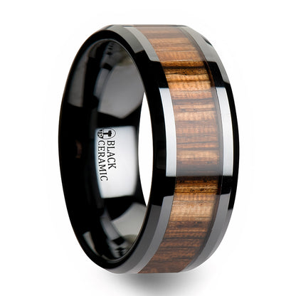 Black Ceramic Wedding Band with Zebra Wood Inlay