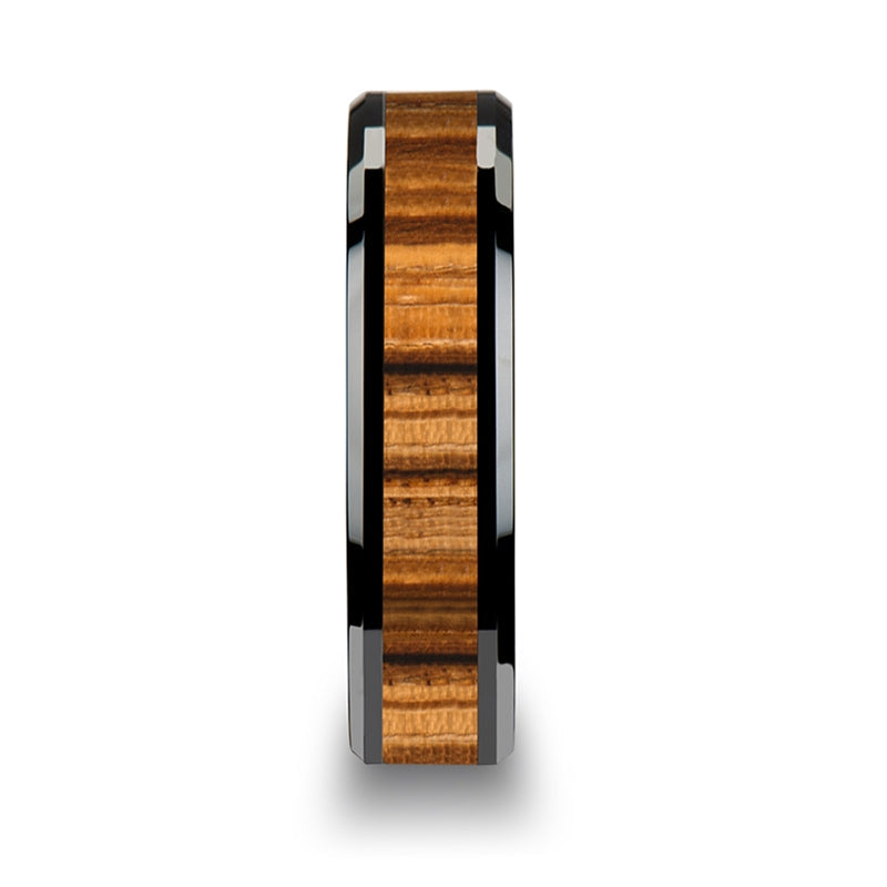 Black Ceramic Wedding Band with Zebra Wood Inlay