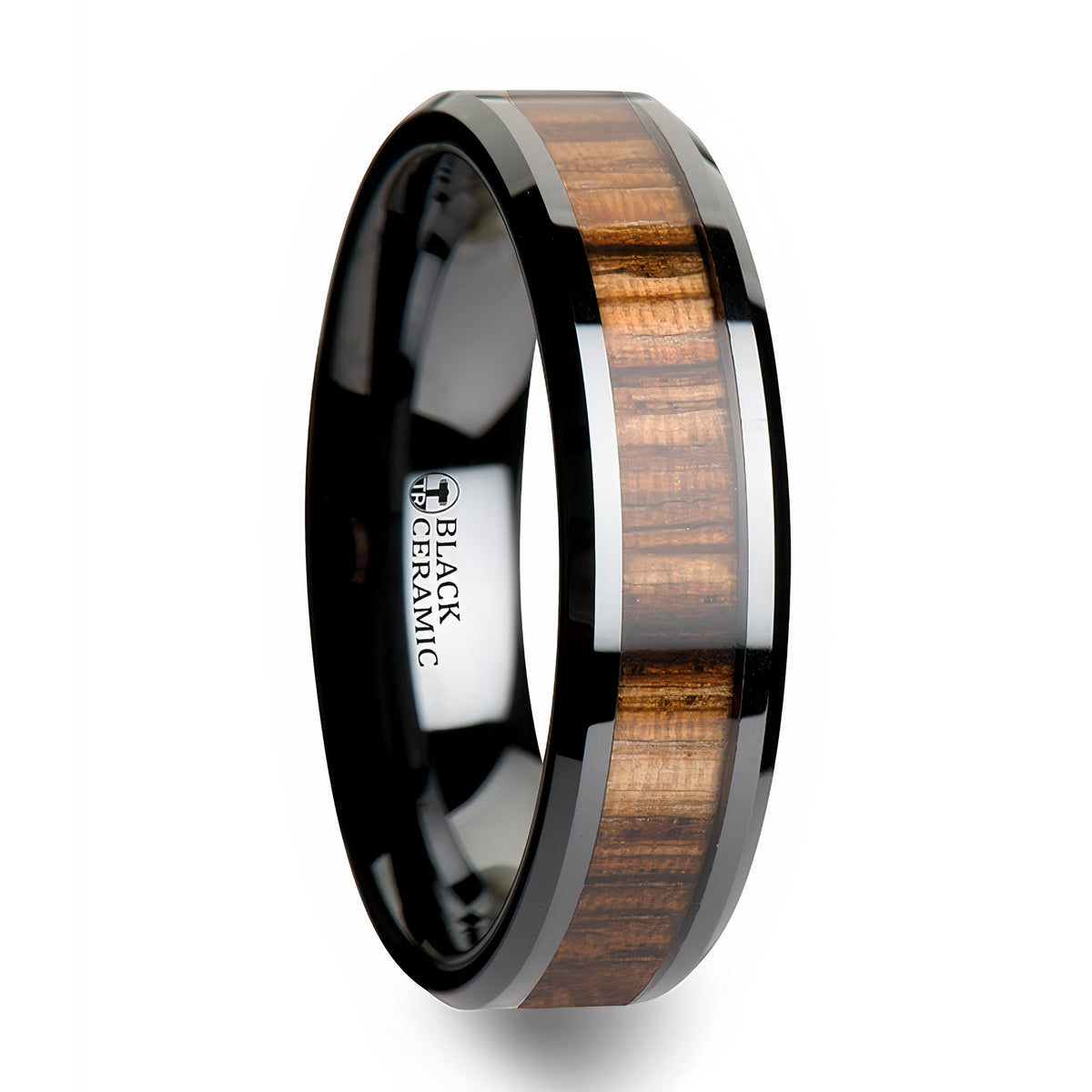 Black Ceramic Wedding Band with Zebra Wood Inlay