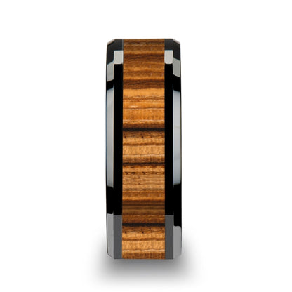 Black Ceramic Wedding Band with Zebra Wood Inlay