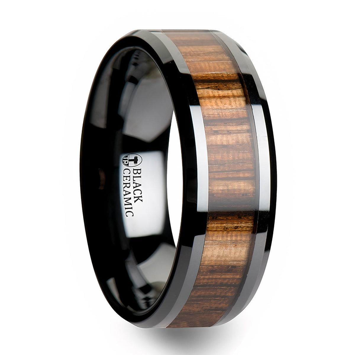 Black Ceramic Wedding Band with Zebra Wood Inlay