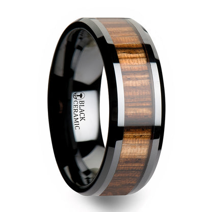 Black Ceramic Wedding Band with Zebra Wood Inlay
