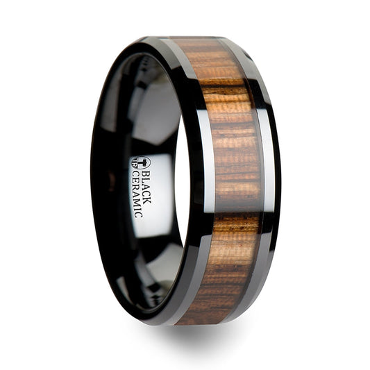 Black Ceramic Wedding Band with Zebra Wood Inlay
