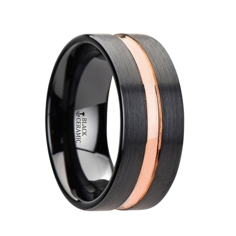 Black Ceramic Women's Wedding Band With Rose Gold Groove