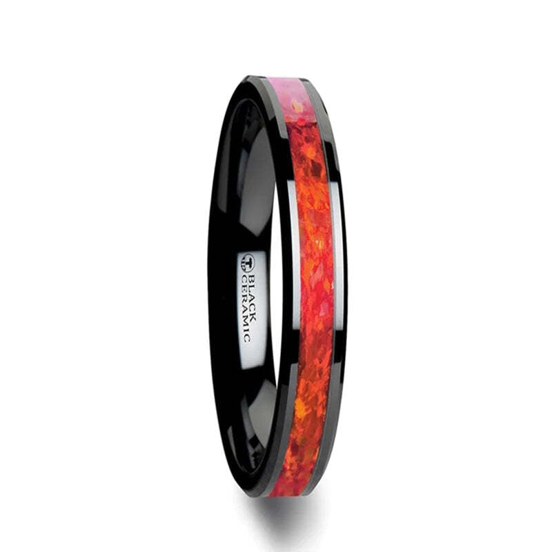Black Ceramic Wedding Band with Red Opal Inlay | Vansweden Jewelers