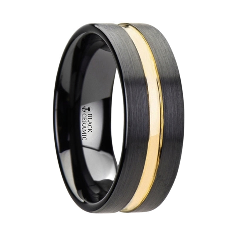 Black Ceramic Women's Wedding Band With Yellow Gold Groove