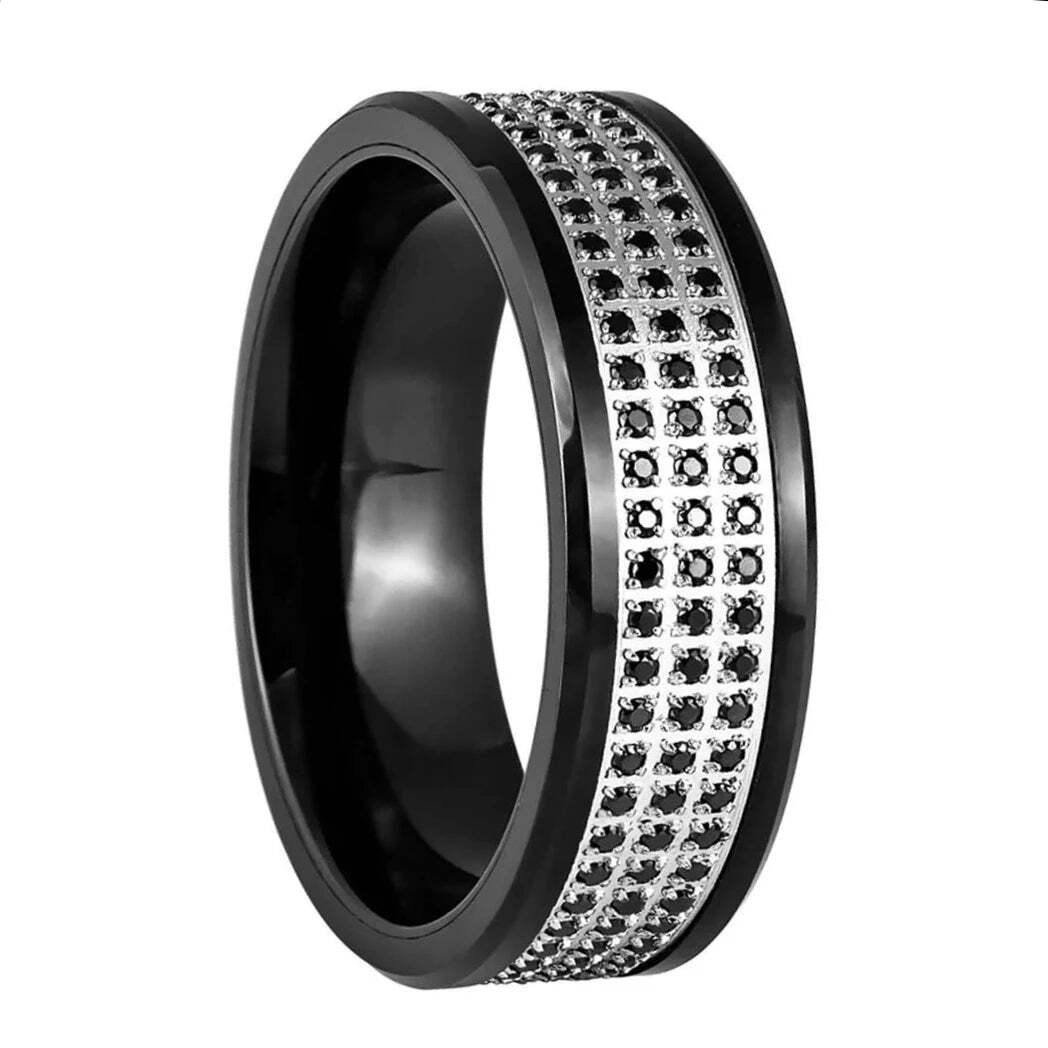 Black Cubic Zirconia & Silver Inlay Black Tungsten Men's Wedding Band