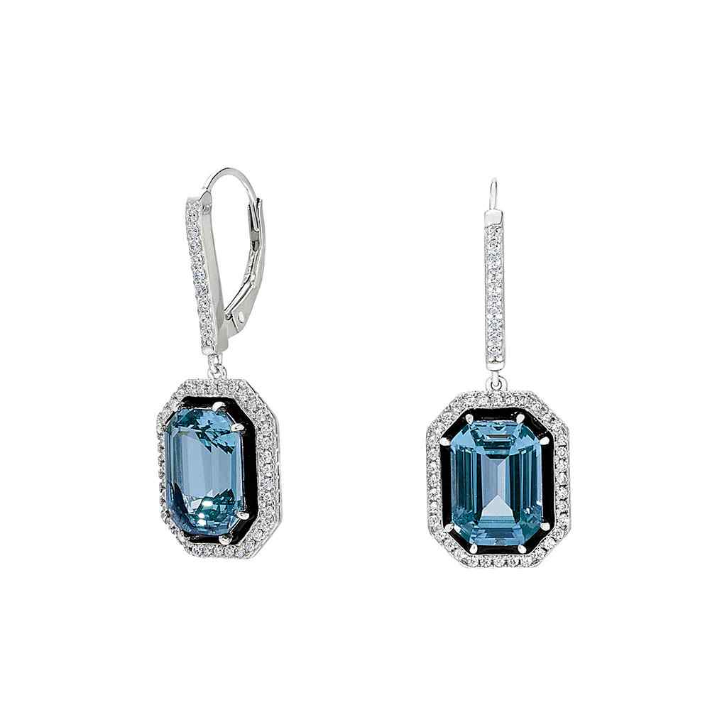 A black enamel & aqua spinel octagon earrings with simulated diamonds displayed on a neutral white background.