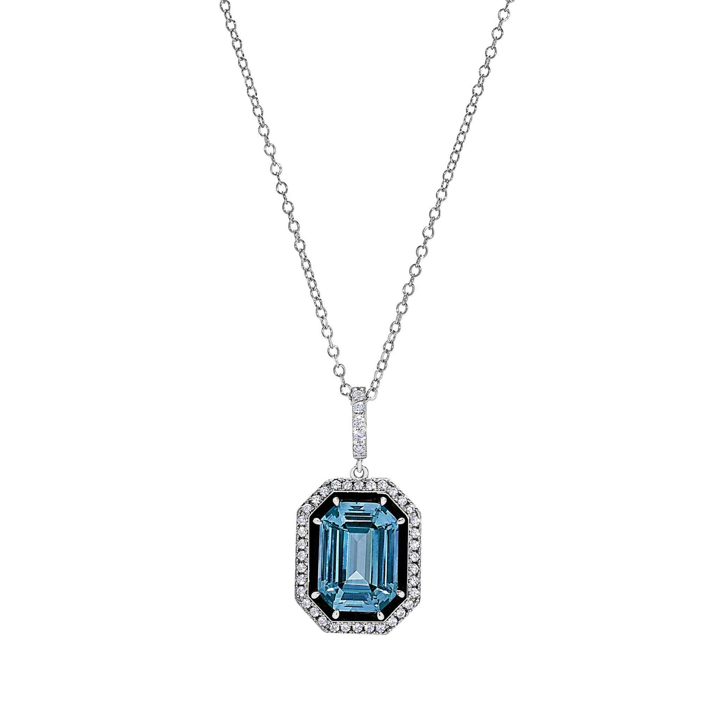 A black enamel & aqua spinel octagon pendant with simulated diamonds displayed on a neutral white background.