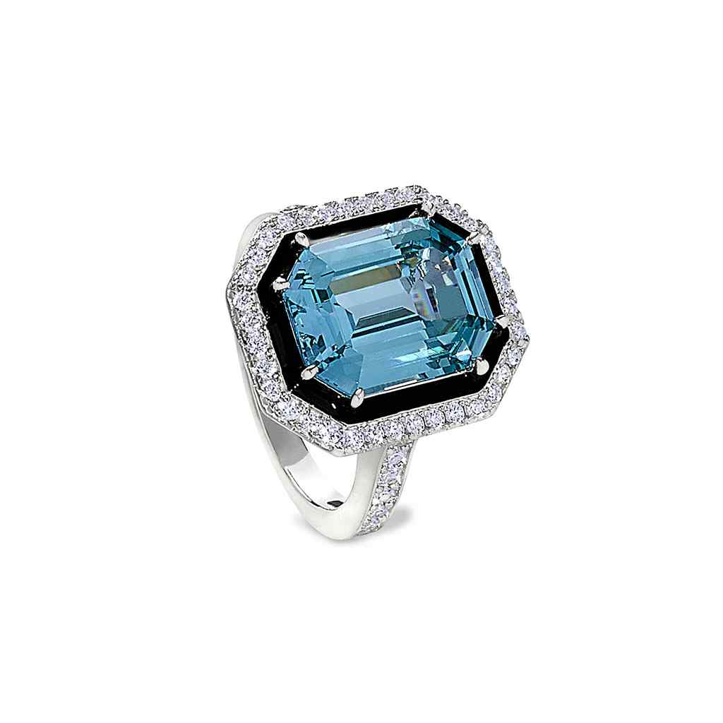 A black enamel & aqua spinel octagon ring with simulated diamonds displayed on a neutral white background.