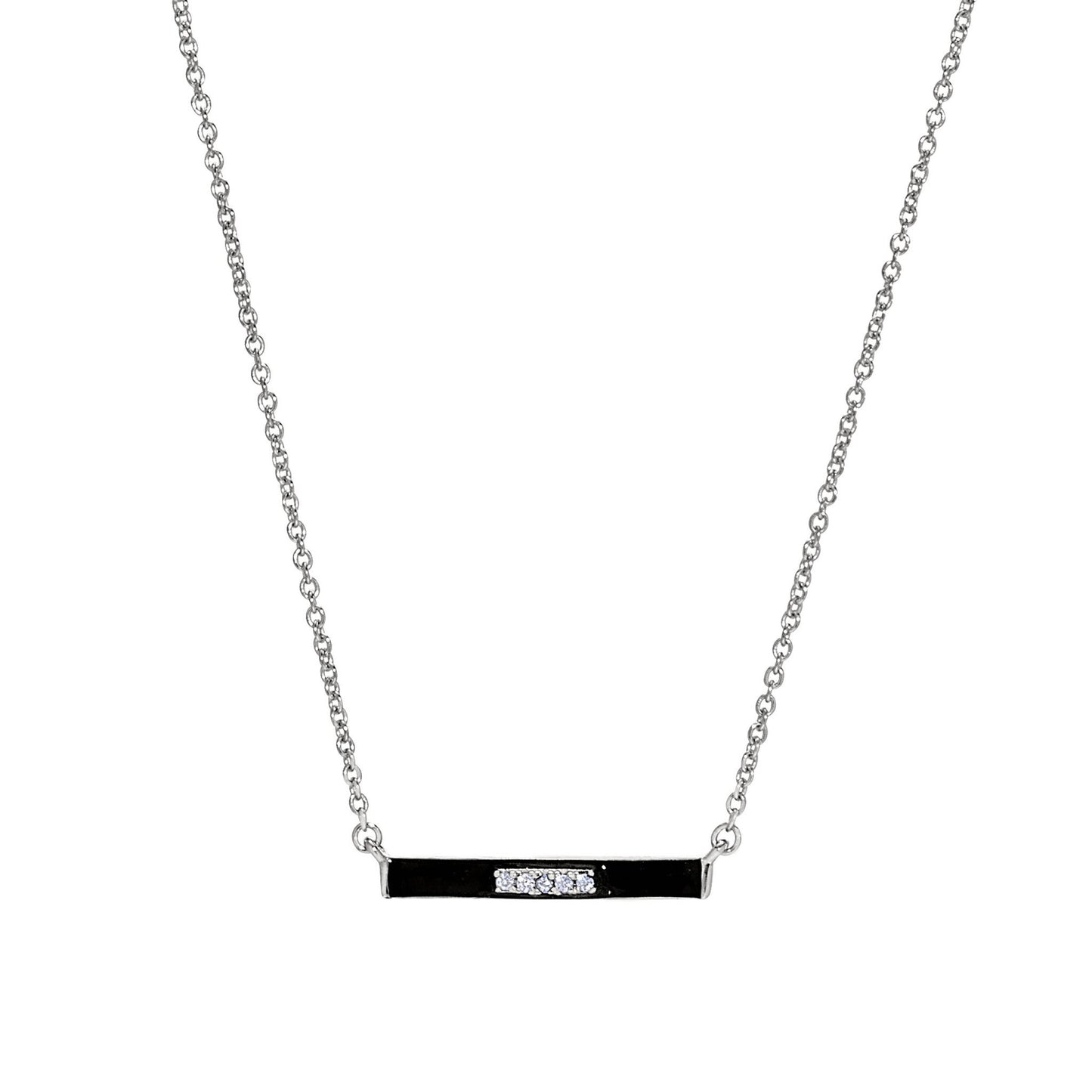 A black enamel bar necklace with simulated diamonds displayed on a neutral white background.