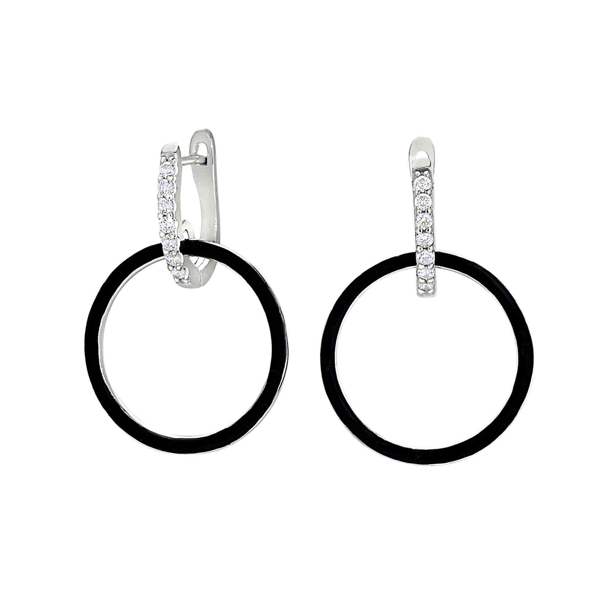 A black enamel open hoop earrings with simulated diamonds displayed on a neutral white background.