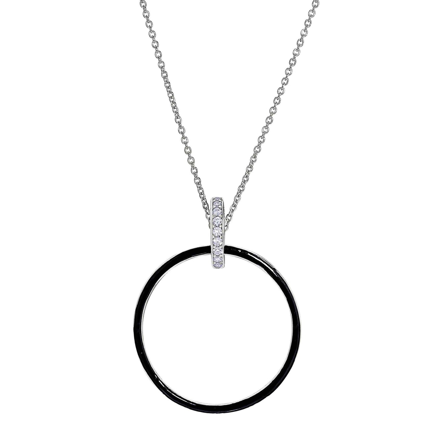 A black enamel open hoop necklace with simulated diamonds displayed on a neutral white background.