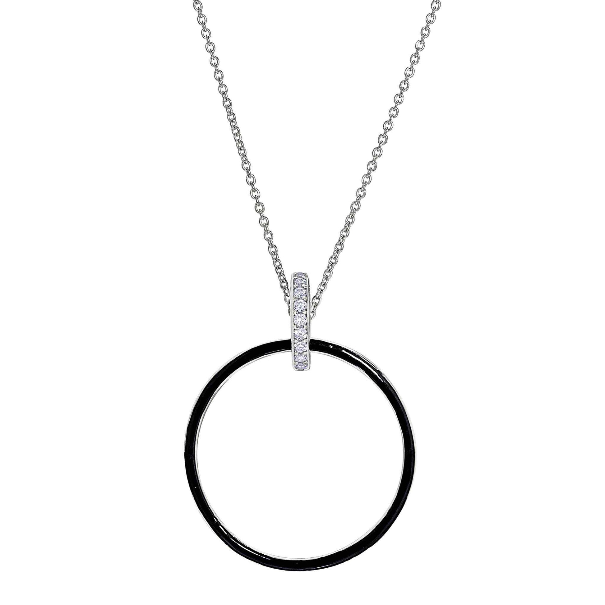 A black enamel open hoop necklace with simulated diamonds displayed on a neutral white background.
