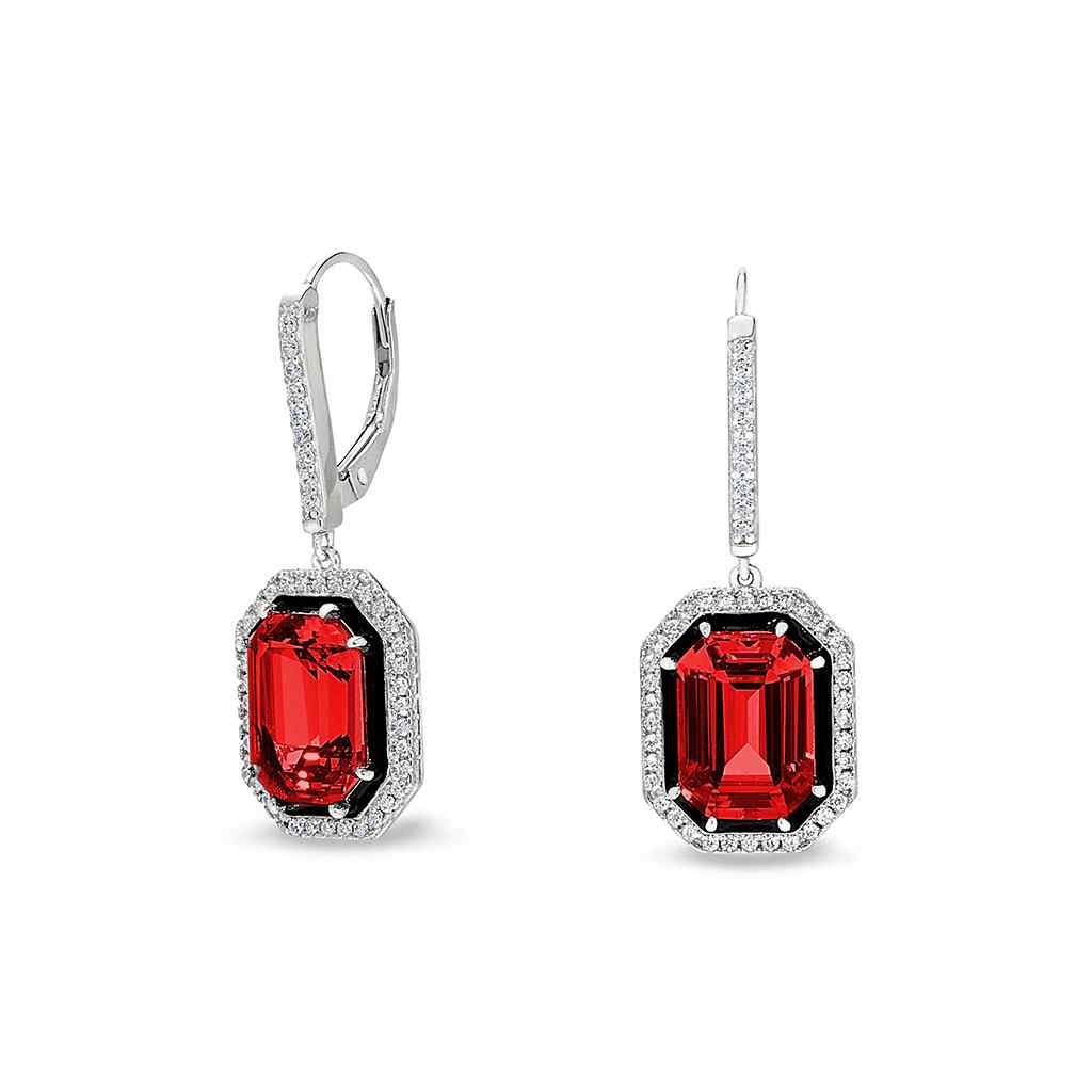 A black enamel & simulated ruby octagon earrings with simulated diamonds displayed on a neutral white background.