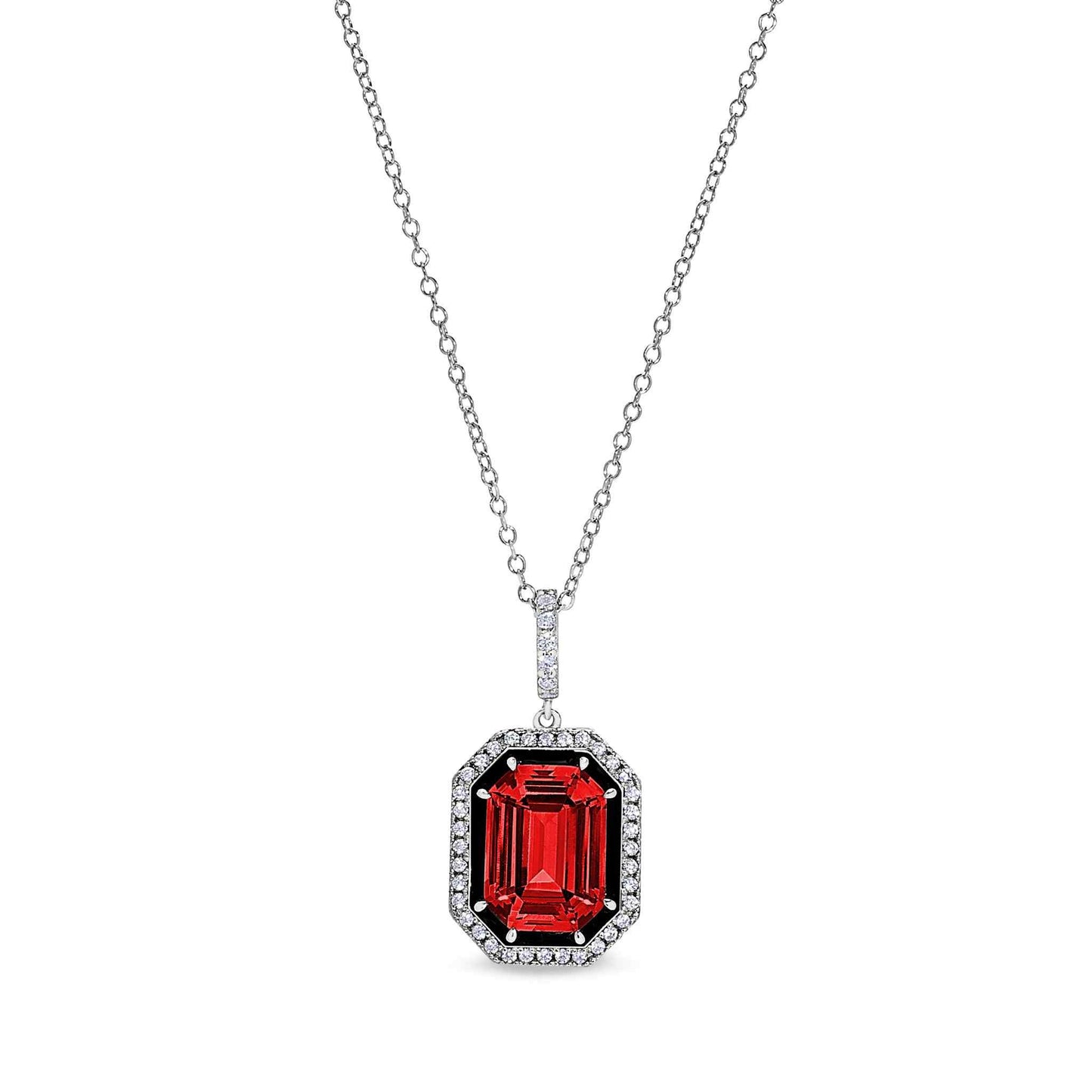 A black enamel & simulated ruby octagon pendant with simulated diamonds displayed on a neutral white background.