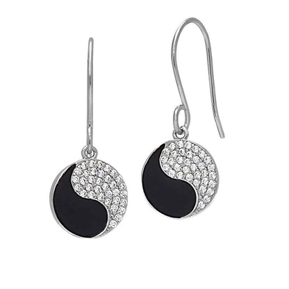 A black enamel yin yang earrings with simulated diamonds displayed on a neutral white background.