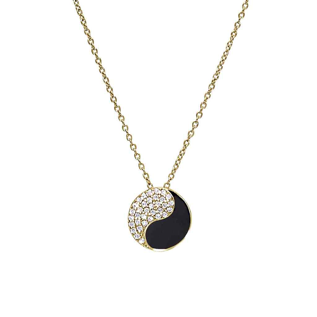 A black enamel yin yang necklace with simulated diamonds displayed on a neutral white background.