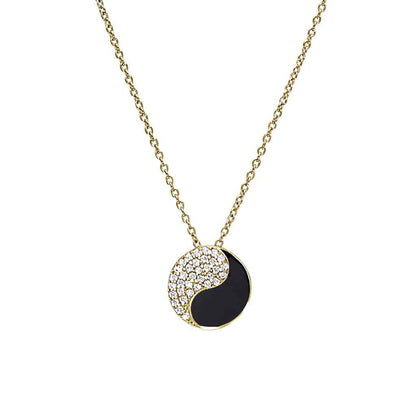 A black enamel yin yang necklace with simulated diamonds displayed on a neutral white background.