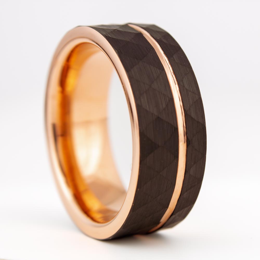 Black Faceted Tungsten Men's Wedding Band with Rose Gold Groove & Interior